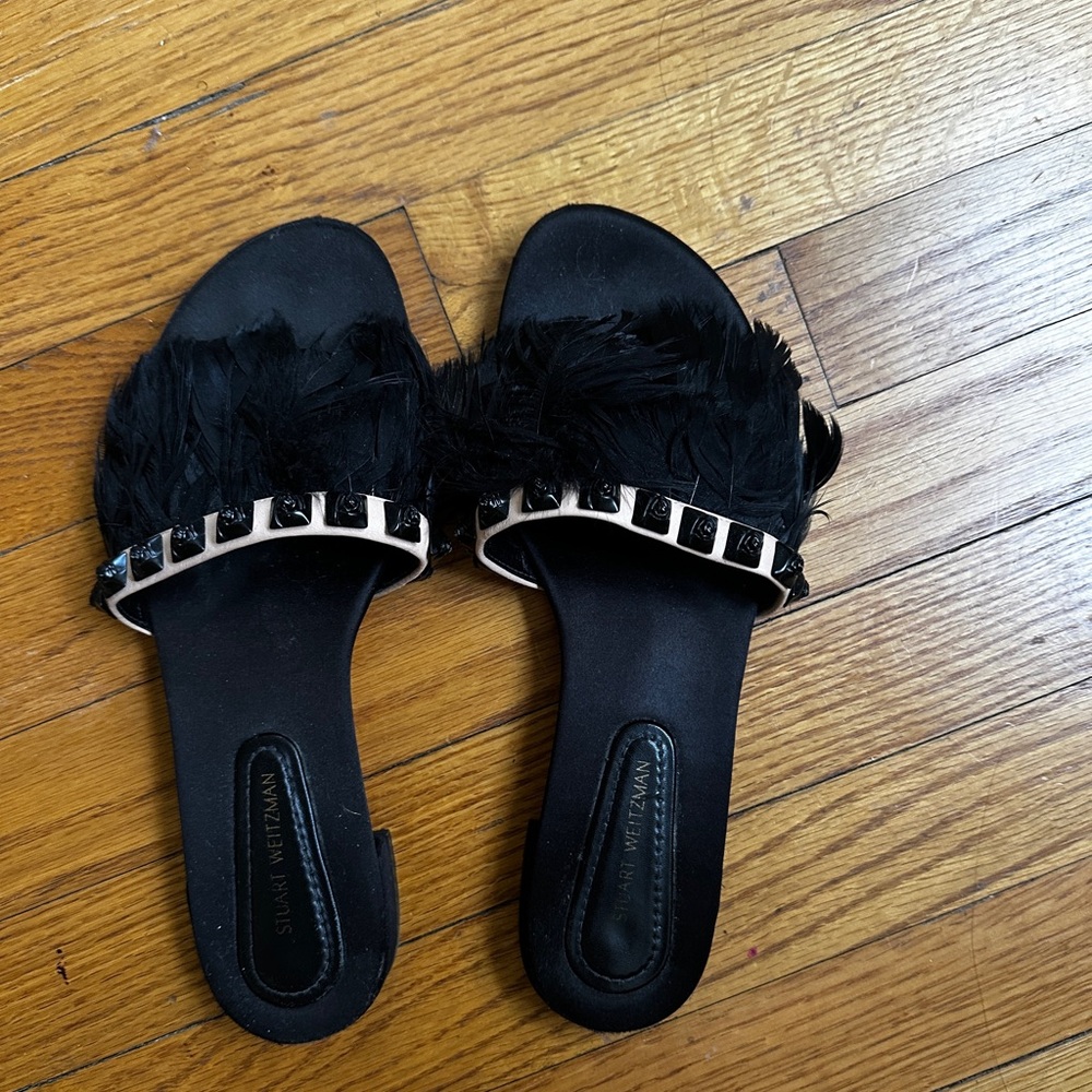 Stuart Weitzman Black Slide Sandals with Decorative Stitching